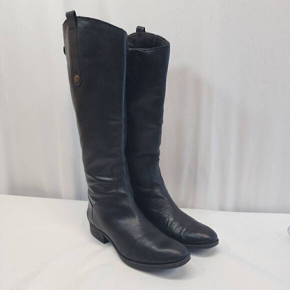 Sam Edelman Size 8.5 Penny Riding Boots Black Leather Knee High Zip Snap Block H - Picture 1 of 10
